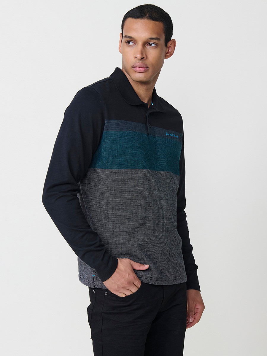 Polo de hombre negro de manga larga con cuello camisero. Prenda masculina básica 100% algodón. 2