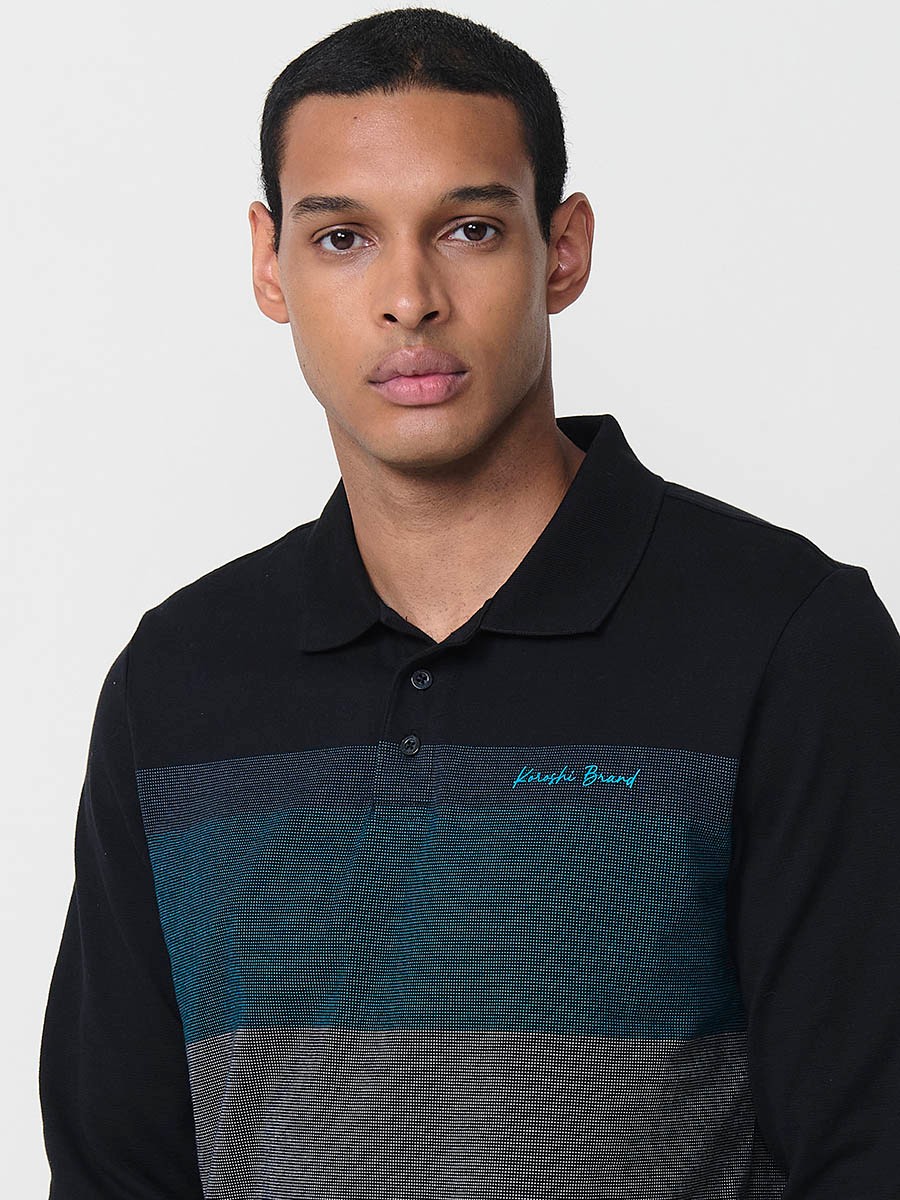 Polo de hombre negro de manga larga con cuello camisero. Prenda masculina básica 100% algodón. 3