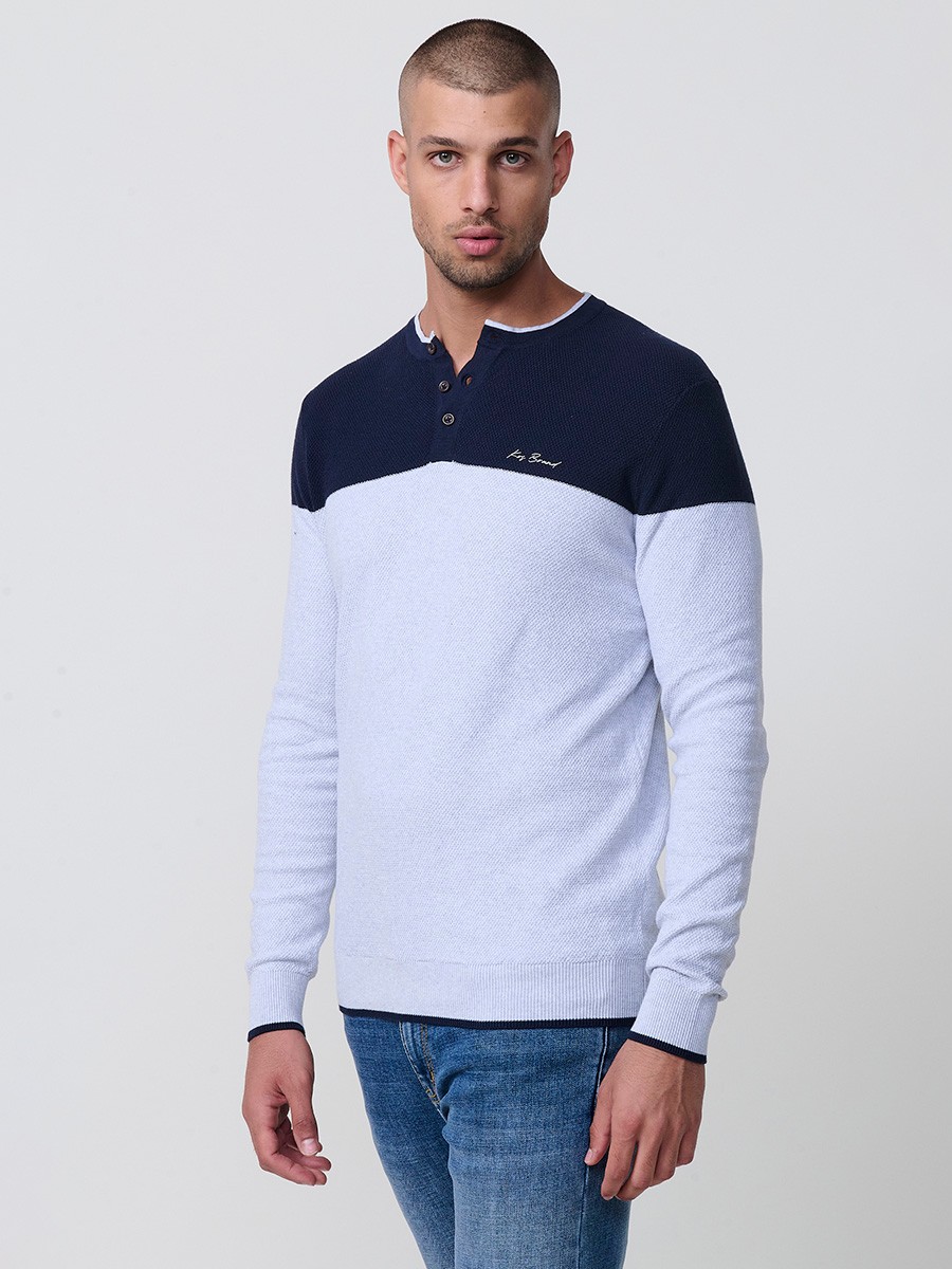 Polo de hombre en punto tricot navy, de manga larga y cuello redondo abotonado. 100% algodón.