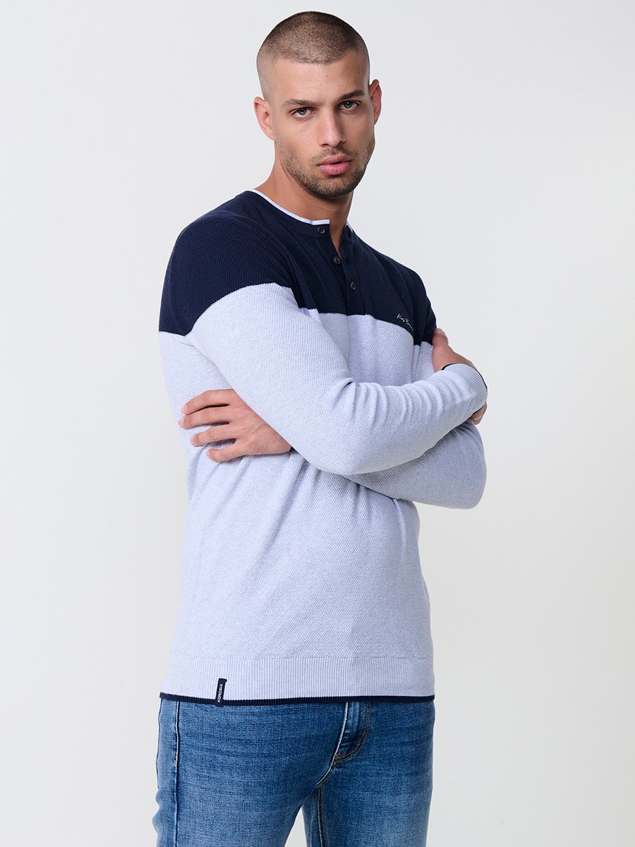 Polo de hombre en punto tricot navy, de manga larga y cuello redondo abotonado. 100% algodón.