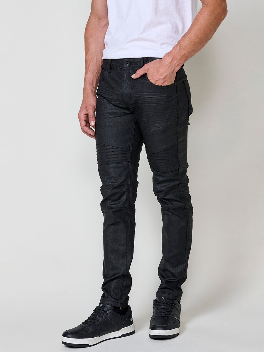 Pantalón vaquero biker skinny fit de hombre en color negro con cierre de cremallera y botón.