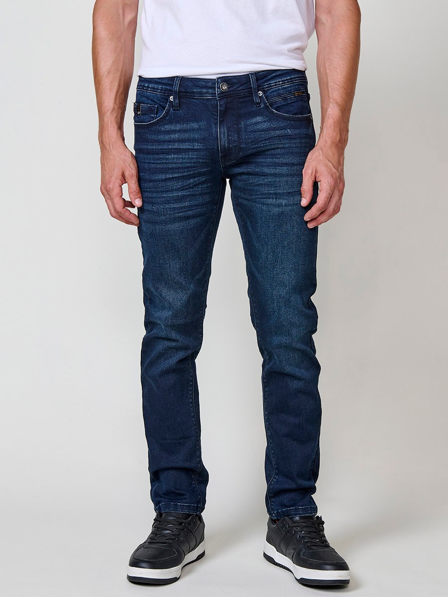 Jean regular fit pour homme en bleu foncé avec fermeture zippée et bouton.