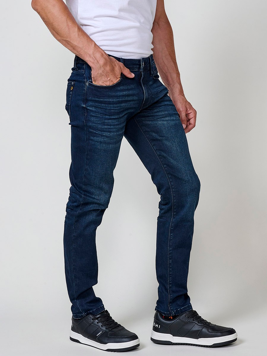 Jean regular fit pour homme en bleu foncé avec fermeture zippée et bouton.