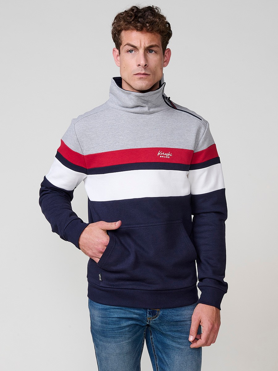 Men’s navy sweatshirt with high collar and zipper. Cotton and polyester blend fabric for comfort, breathability and style.