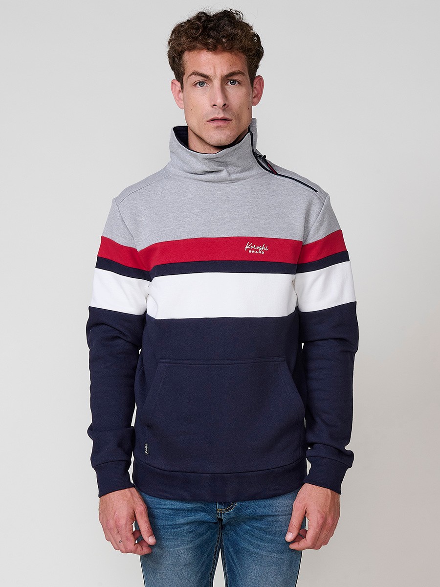 Men’s navy sweatshirt with high collar and zipper. Cotton and polyester blend fabric for comfort, breathability and style.