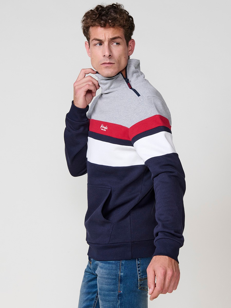 Men’s navy sweatshirt with high collar and zipper. Cotton and polyester blend fabric for comfort, breathability and style.