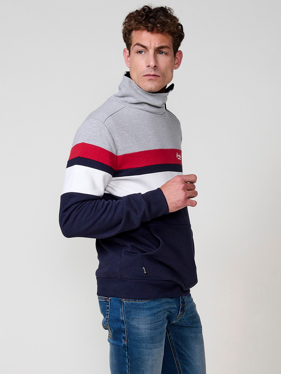 Men’s navy sweatshirt with high collar and zipper. Cotton and polyester blend fabric for comfort, breathability and style.