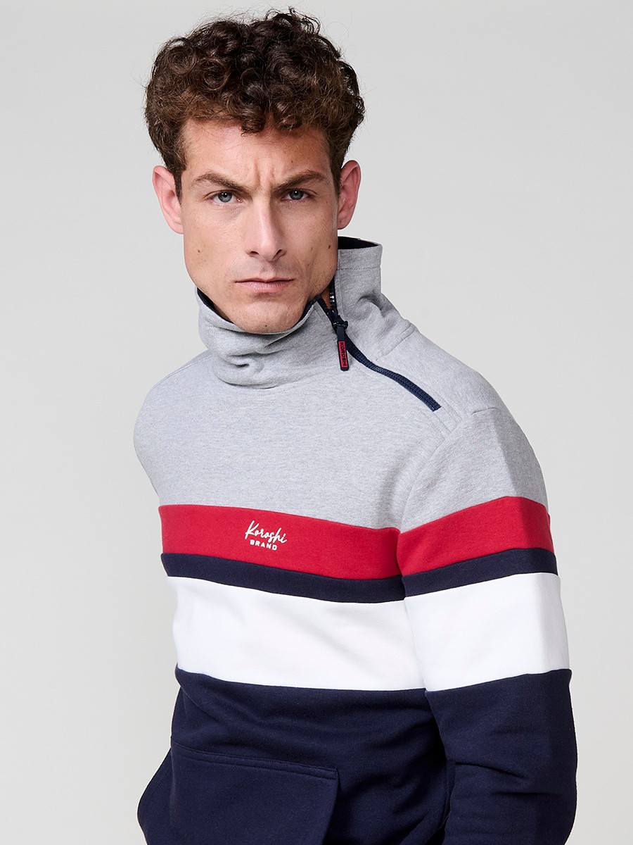 Men’s navy sweatshirt with high collar and zipper. Cotton and polyester blend fabric for comfort, breathability and style.