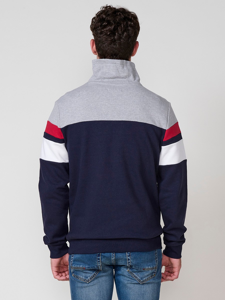 Men’s navy sweatshirt with high collar and zipper. Cotton and polyester blend fabric for comfort, breathability and style.