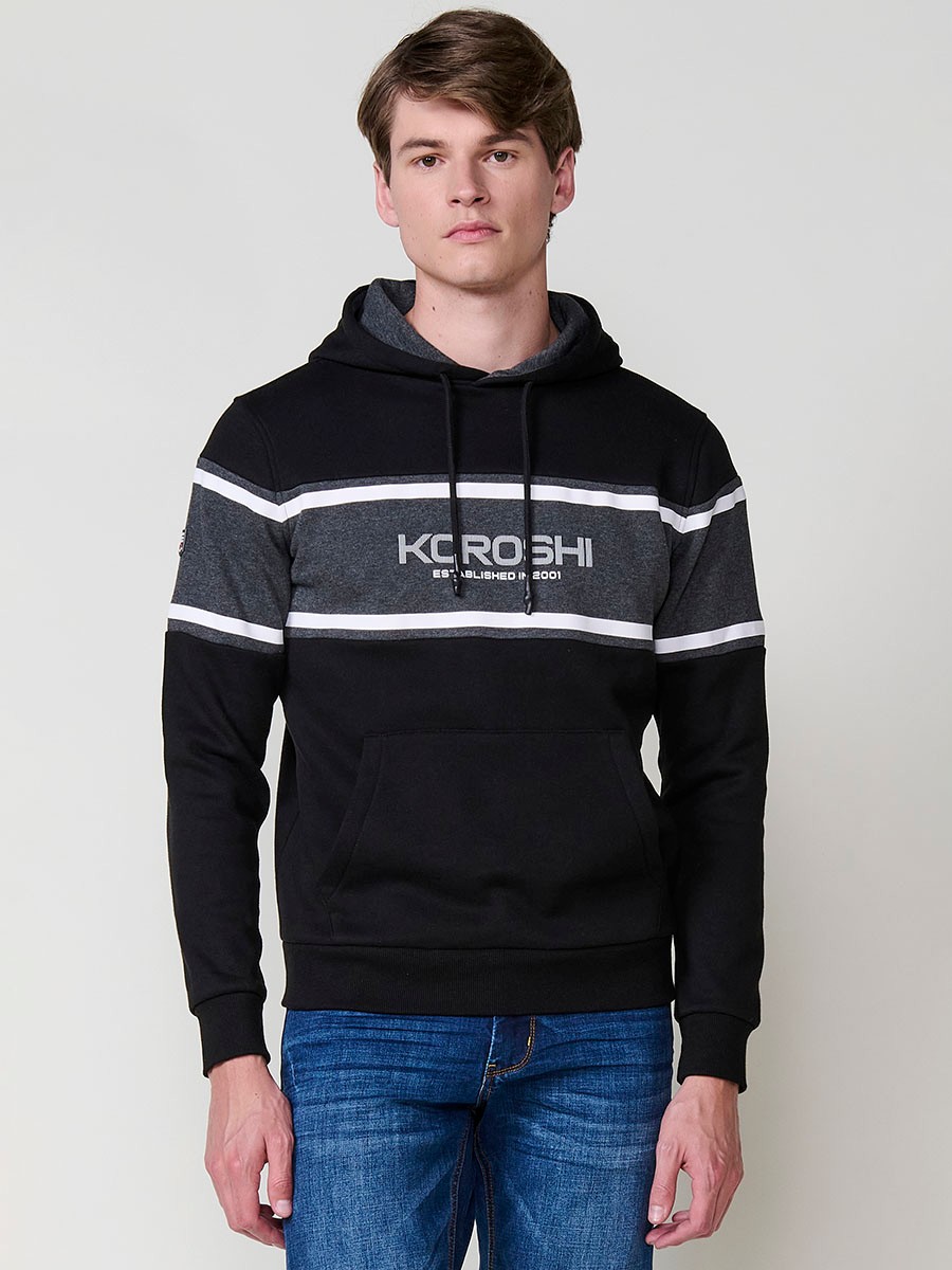 Men’s black hoodie in cotton and polyester blend for comfort, durability and modern urban style.