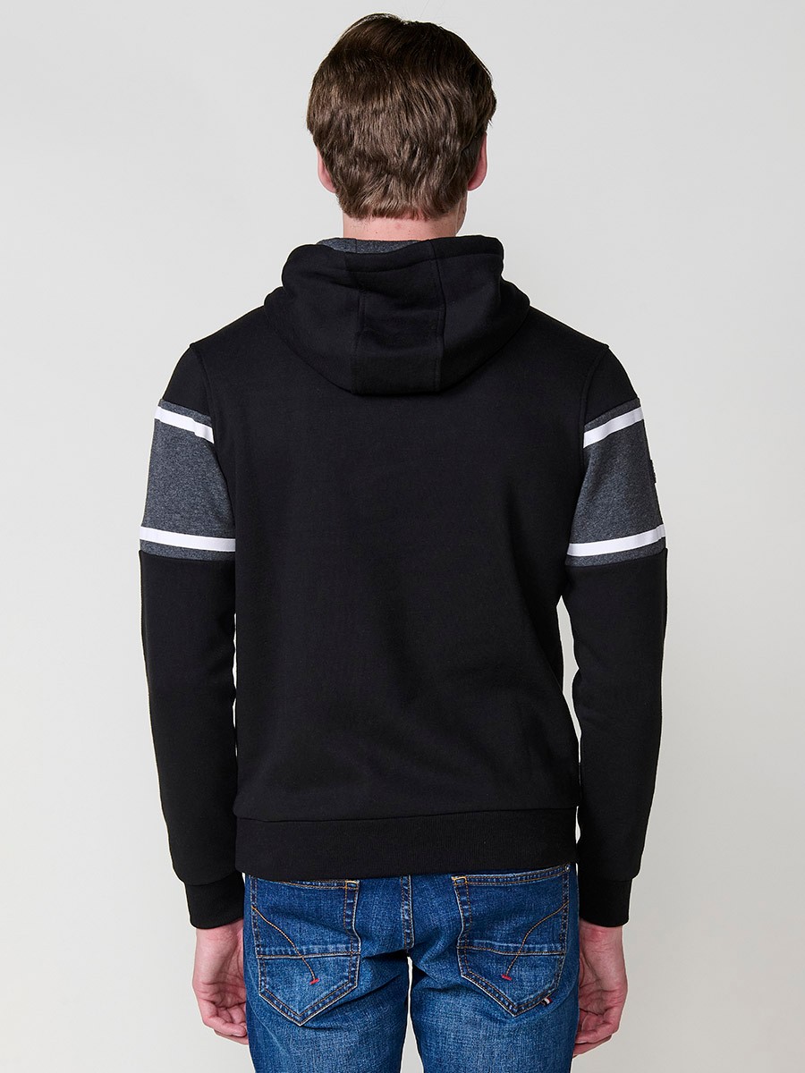 Men’s black hoodie in cotton and polyester blend for comfort, durability and modern urban style.