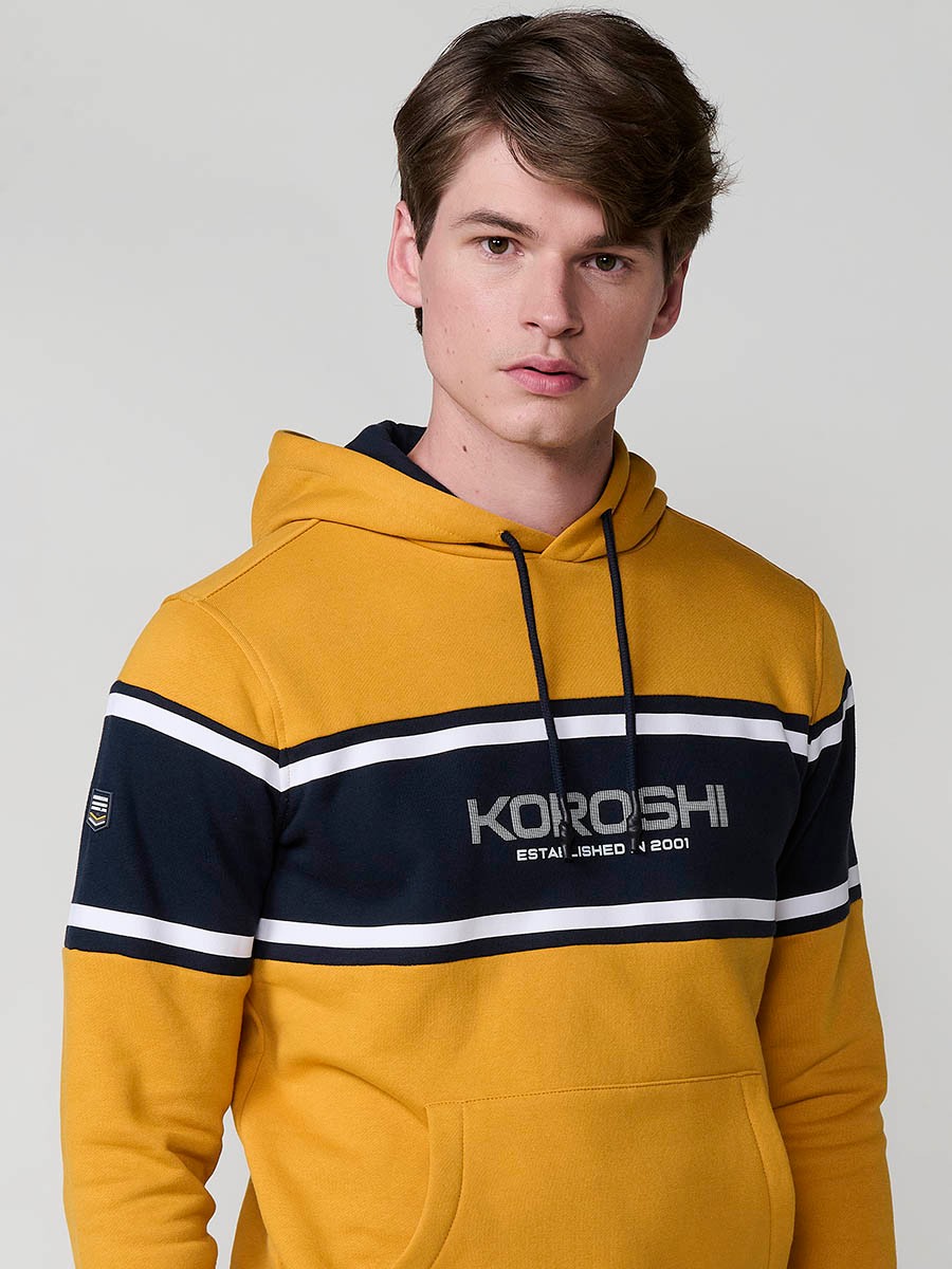 Men’s mustard hoodie in cotton and polyester blend for comfort, durability and modern urban style.