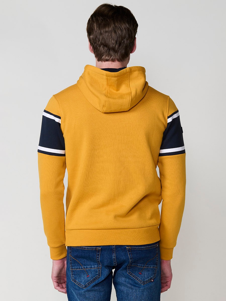Men’s mustard hoodie in cotton and polyester blend for comfort, durability and modern urban style.