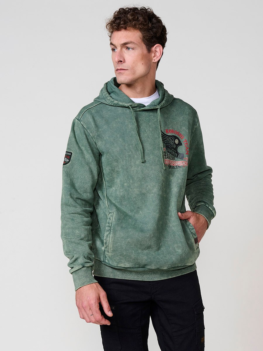 Sudadera kaki de hombre con capucha y manga larga. Confección en algodón y poliéster para un estilo urbano y cómodo.
