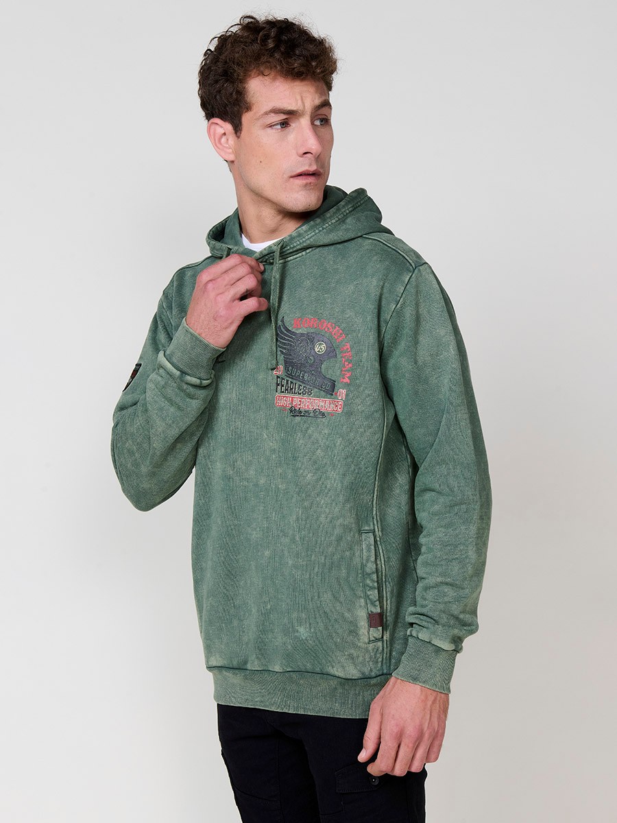 Sudadera kaki de hombre con capucha y manga larga. Confección en algodón y poliéster para un estilo urbano y cómodo.