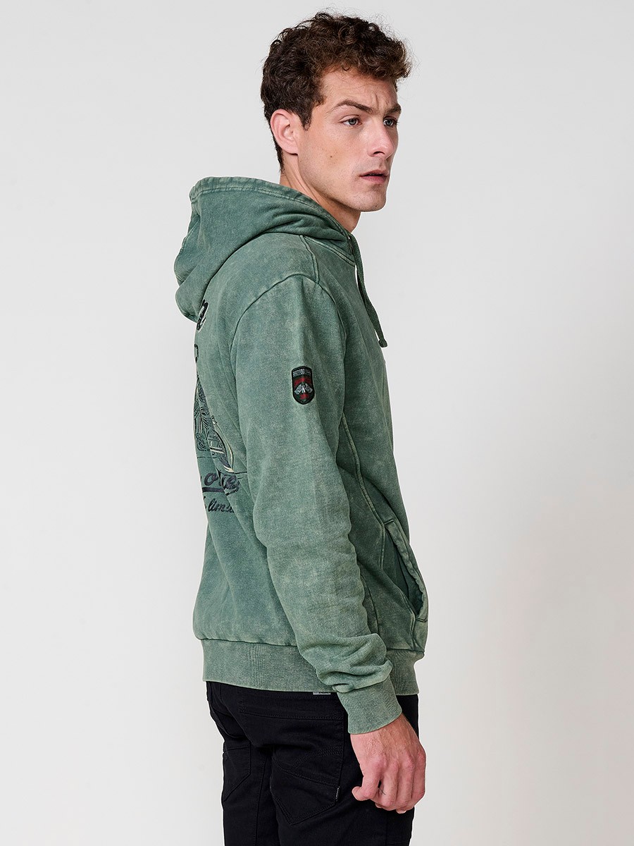 Sudadera kaki de hombre con capucha y manga larga. Confección en algodón y poliéster para un estilo urbano y cómodo.