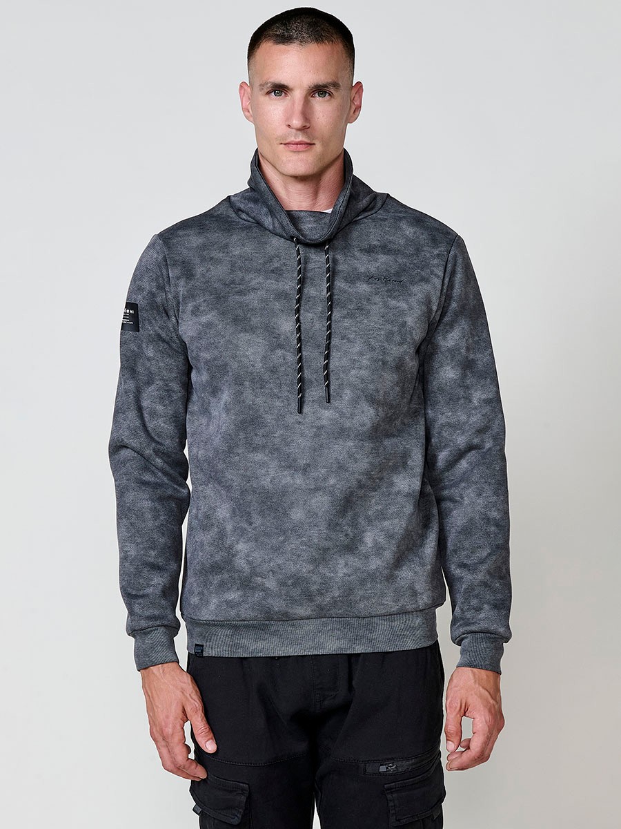 Sudadera gris de hombre con cuello alto y manga larga. Exterior en poliéster e interior en algodón para máxima comodidad.