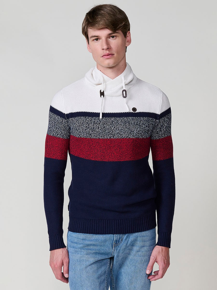 Jersey navy de hombre en tricot con cuello redondo y manga larga. 100% acrílico para un estilo moderno, cómodo y versátil.