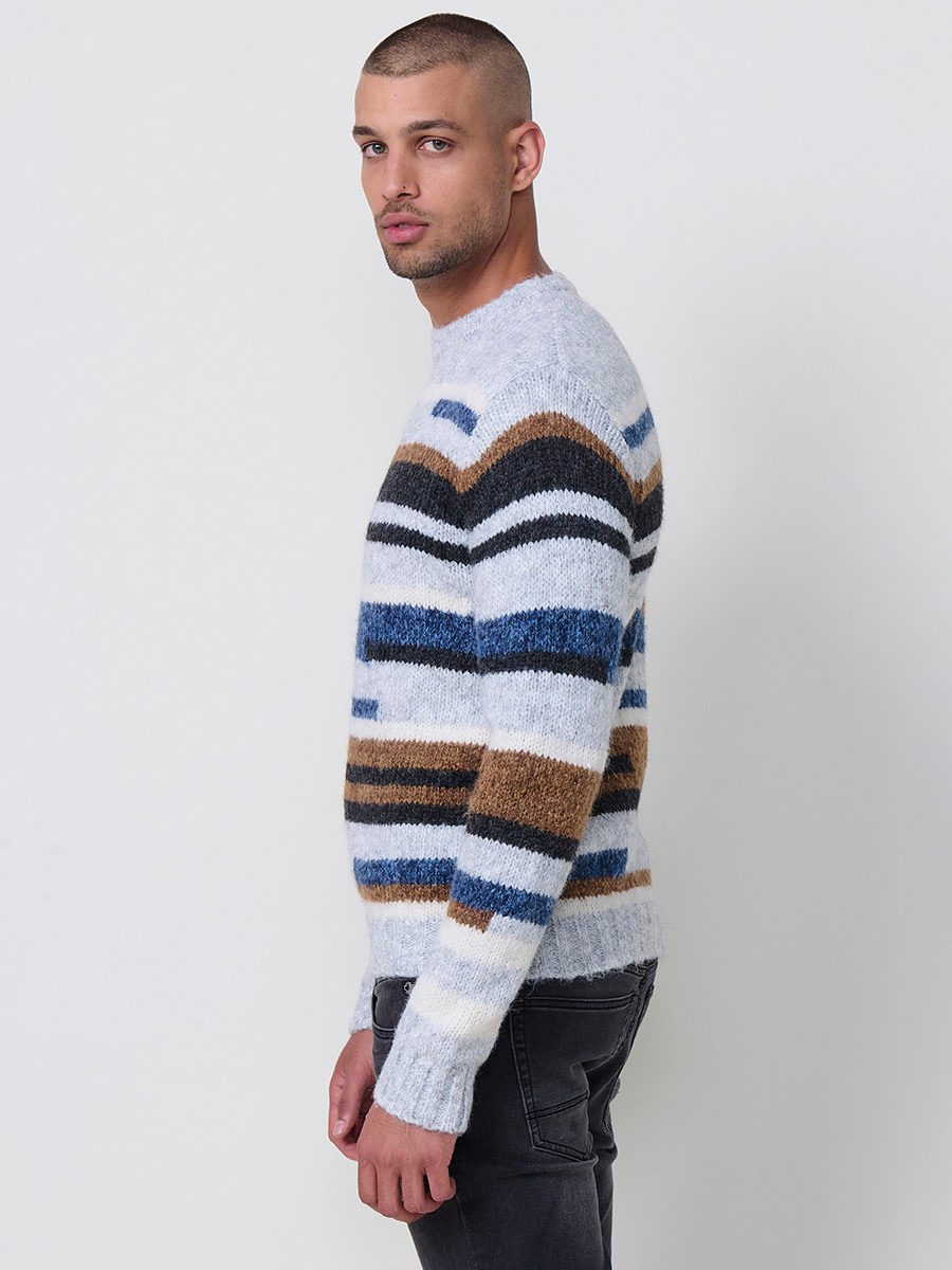 Jersey de rayas multicolor en tricot para hombre con cuello redondo y manga larga. Tejido 77% poliéster y 23% acrílico, moderno y versátil.