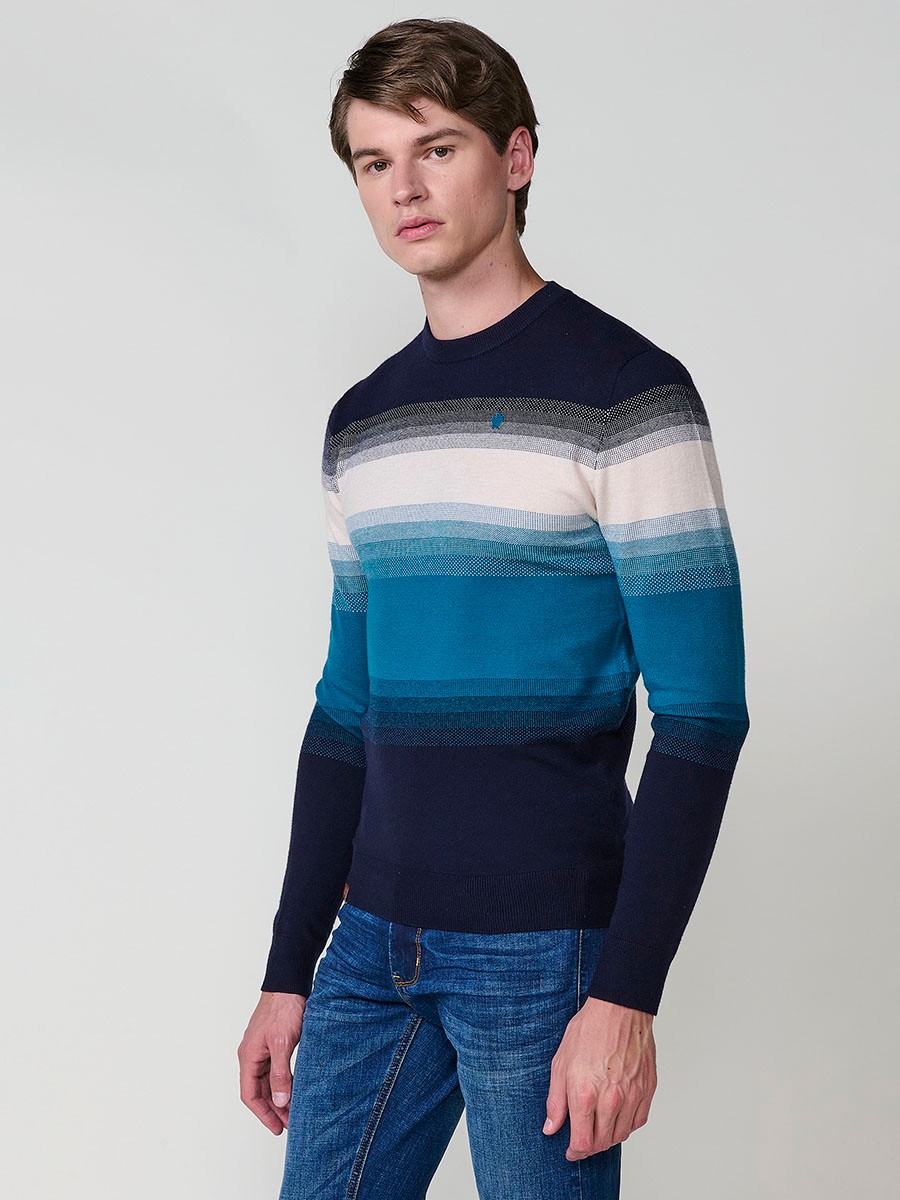 Jersey cobalto de hombre en tricot con cuello redondo y manga larga. Tejido de viscosa, poliamida y poliéster, moderno y cómodo.