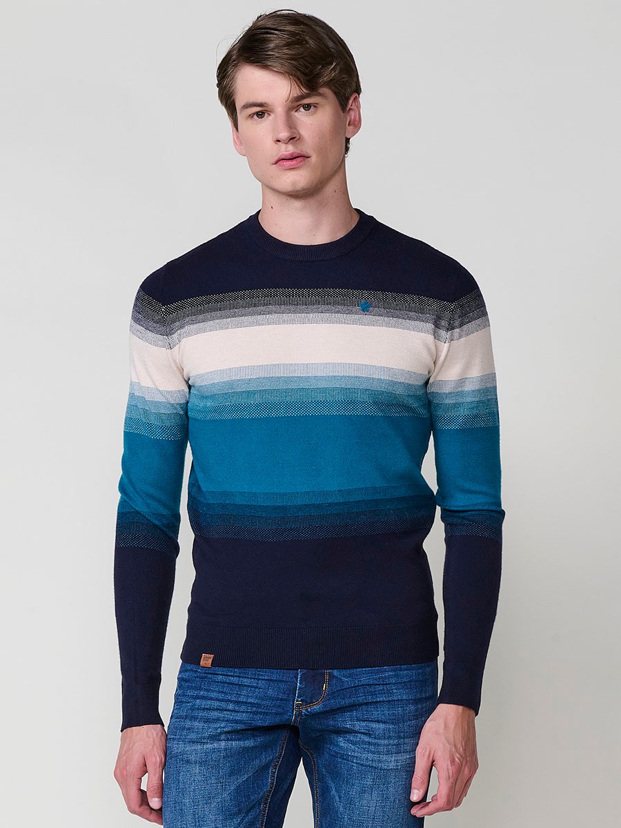 Jersey cobalto de hombre en tricot con cuello redondo y manga larga. Tejido de viscosa, poliamida y poliéster, moderno y cómodo.