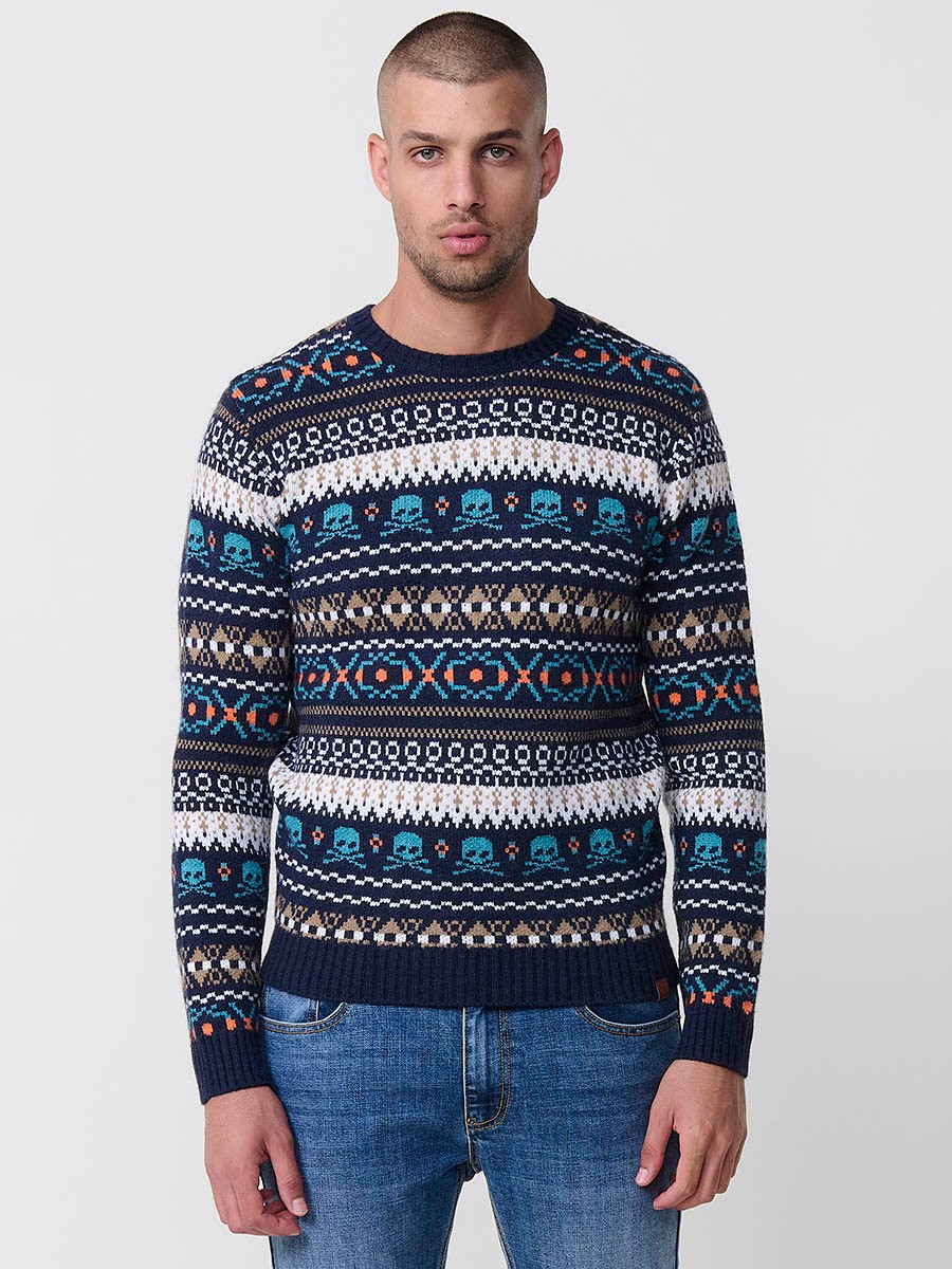 Jersey navy de hombre en tricot con cuello redondo y manga larga. Tejido mezcla de acrílico, poliamida y poliéster, moderno y versátil.