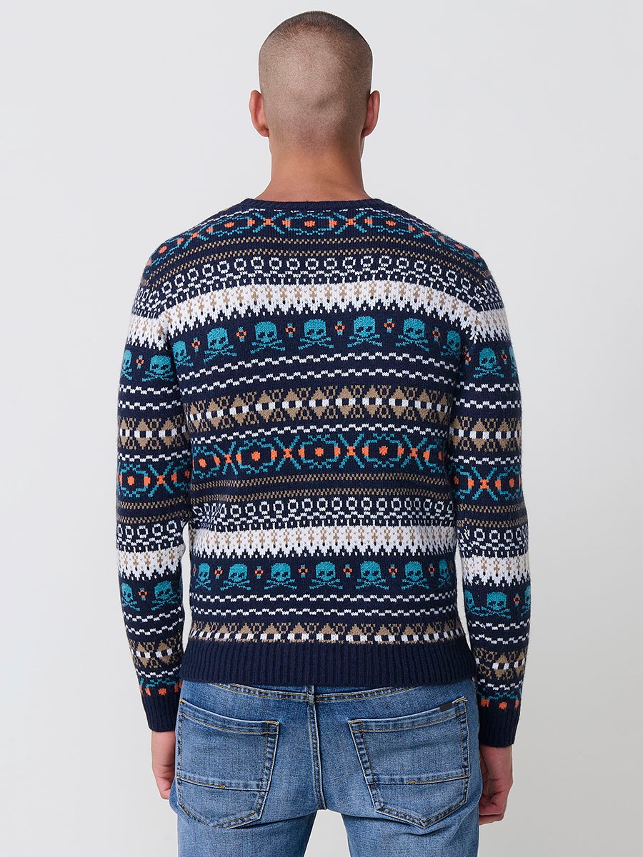 Jersey navy de hombre en tricot con cuello redondo y manga larga. Tejido mezcla de acrílico, poliamida y poliéster, moderno y versátil.