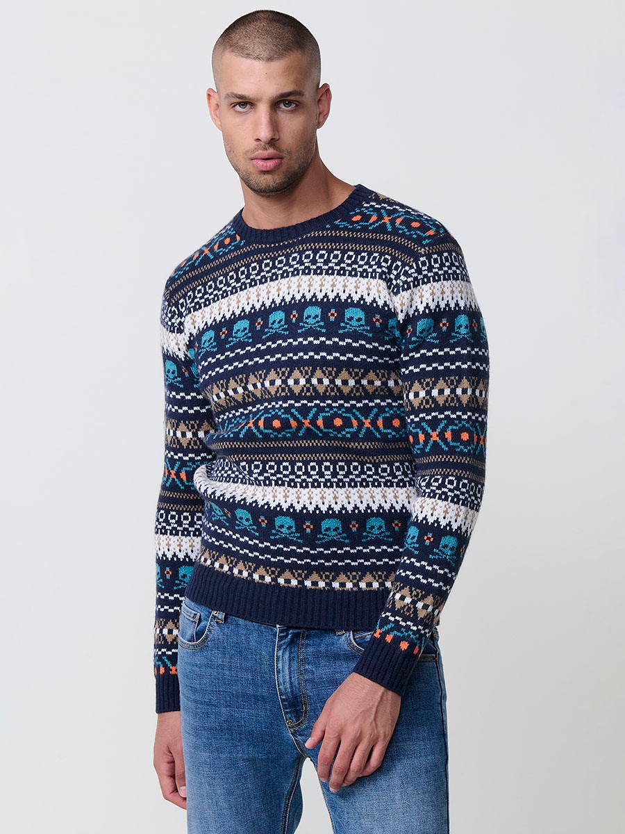 Jersey navy de hombre en tricot con cuello redondo y manga larga. Tejido mezcla de acrílico, poliamida y poliéster, moderno y versátil.