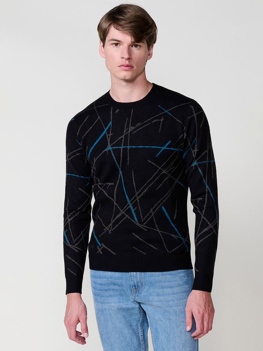 Jersey negro de hombre en tricot con cuello redondo y manga larga. Tejido 100% acrílico, cómodo, versátil y atemporal.