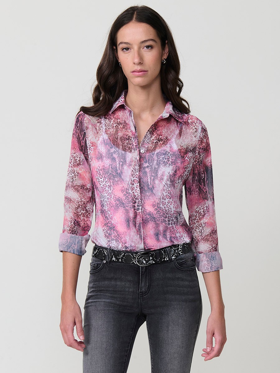 Women’s sheer chiffon shirt with multicolor animal print, classic collar, long sleeves and hidden button placket.