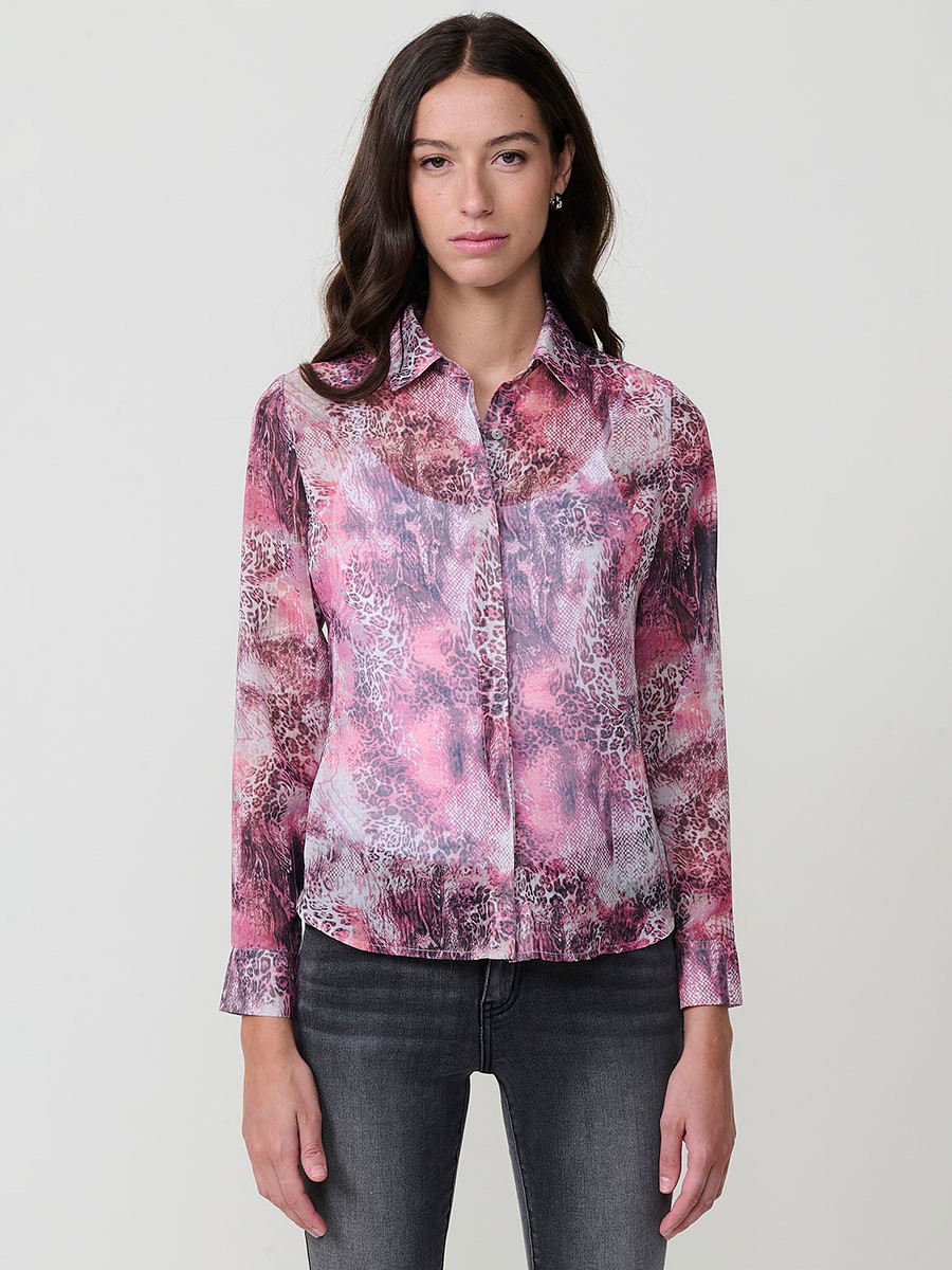 Women’s sheer chiffon shirt with multicolor animal print, classic collar, long sleeves and hidden button placket.