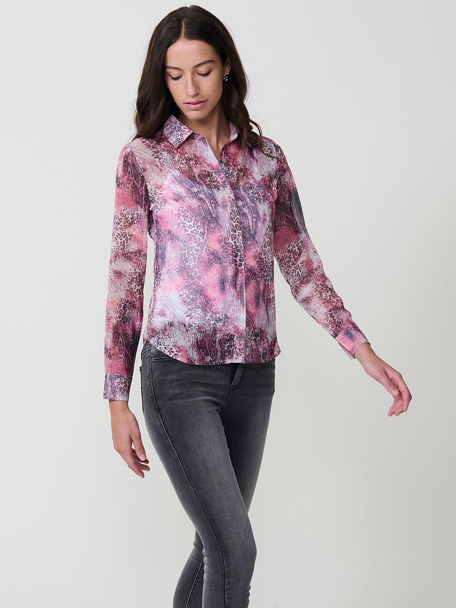 Women’s sheer chiffon shirt with multicolor animal print, classic collar, long sleeves and hidden button placket.