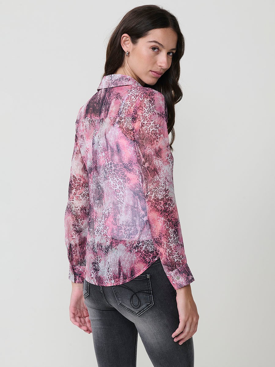 Women’s sheer chiffon shirt with multicolor animal print, classic collar, long sleeves and hidden button placket.