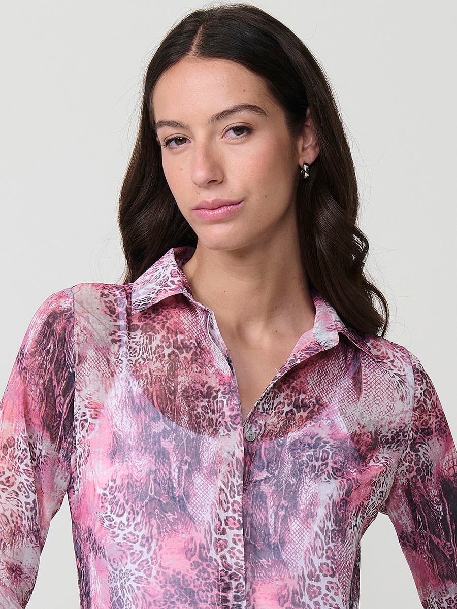 Women’s sheer chiffon shirt with multicolor animal print, classic collar, long sleeves and hidden button placket.