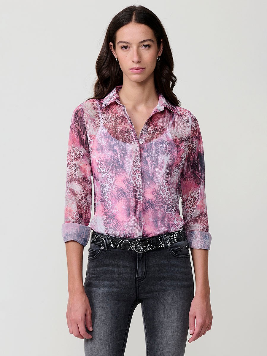 Women’s sheer chiffon shirt with multicolor animal print, classic collar, long sleeves and hidden button placket.