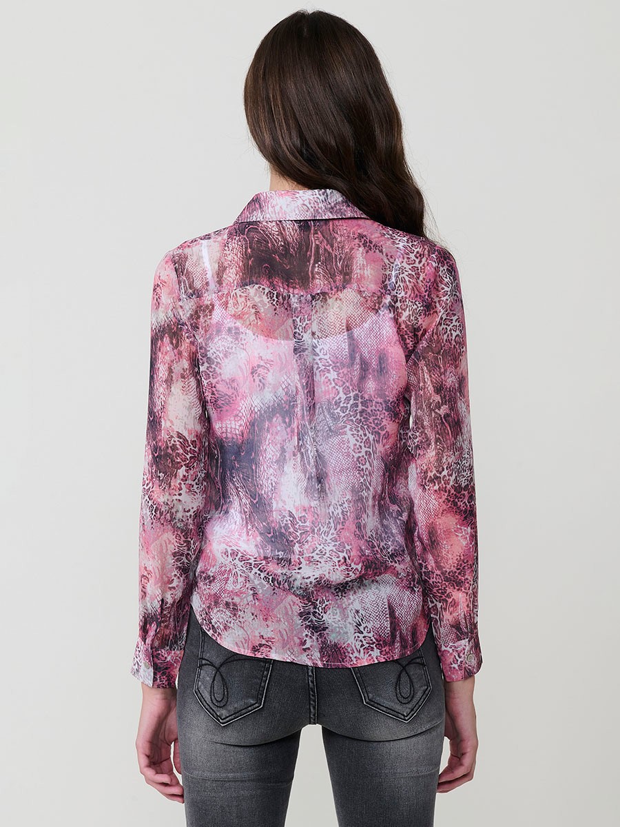 Women’s sheer chiffon shirt with multicolor animal print, classic collar, long sleeves and hidden button placket.