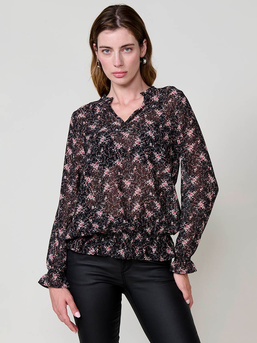Sheer women’s blouse with mini floral print, round neck with frill, V-neckline, long sleeves and elasticated hem.