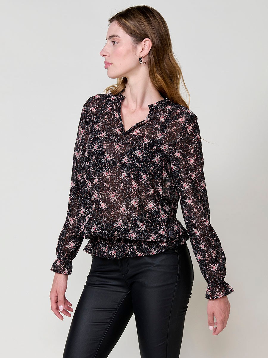 Sheer women’s blouse with mini floral print, round neck with frill, V-neckline, long sleeves and elasticated hem.