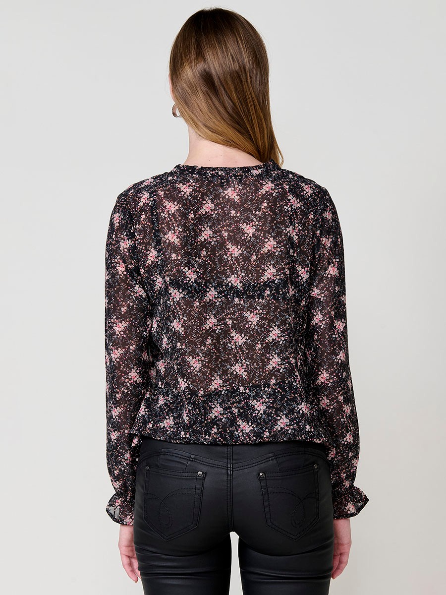 Sheer women’s blouse with mini floral print, round neck with frill, V-neckline, long sleeves and elasticated hem.