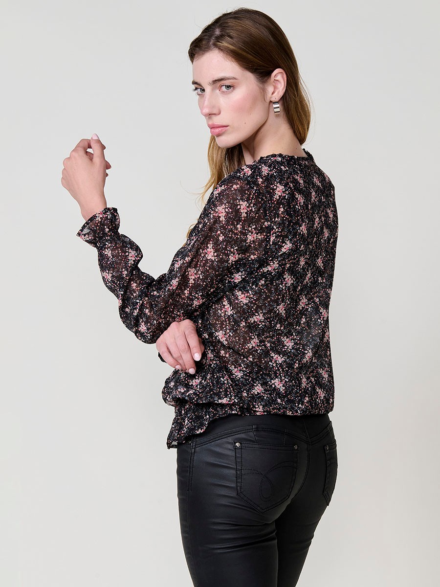 Sheer women’s blouse with mini floral print, round neck with frill, V-neckline, long sleeves and elasticated hem.