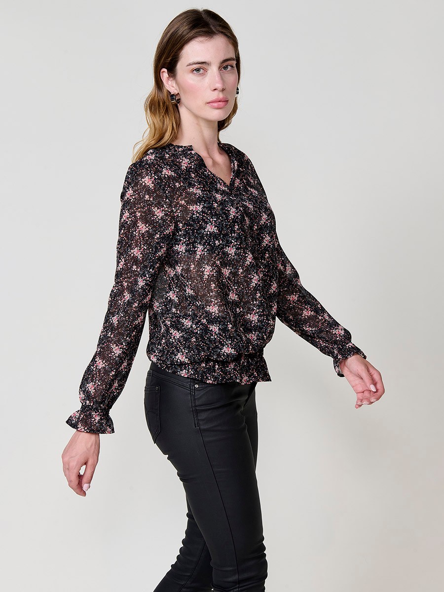 Sheer women’s blouse with mini floral print, round neck with frill, V-neckline, long sleeves and elasticated hem.