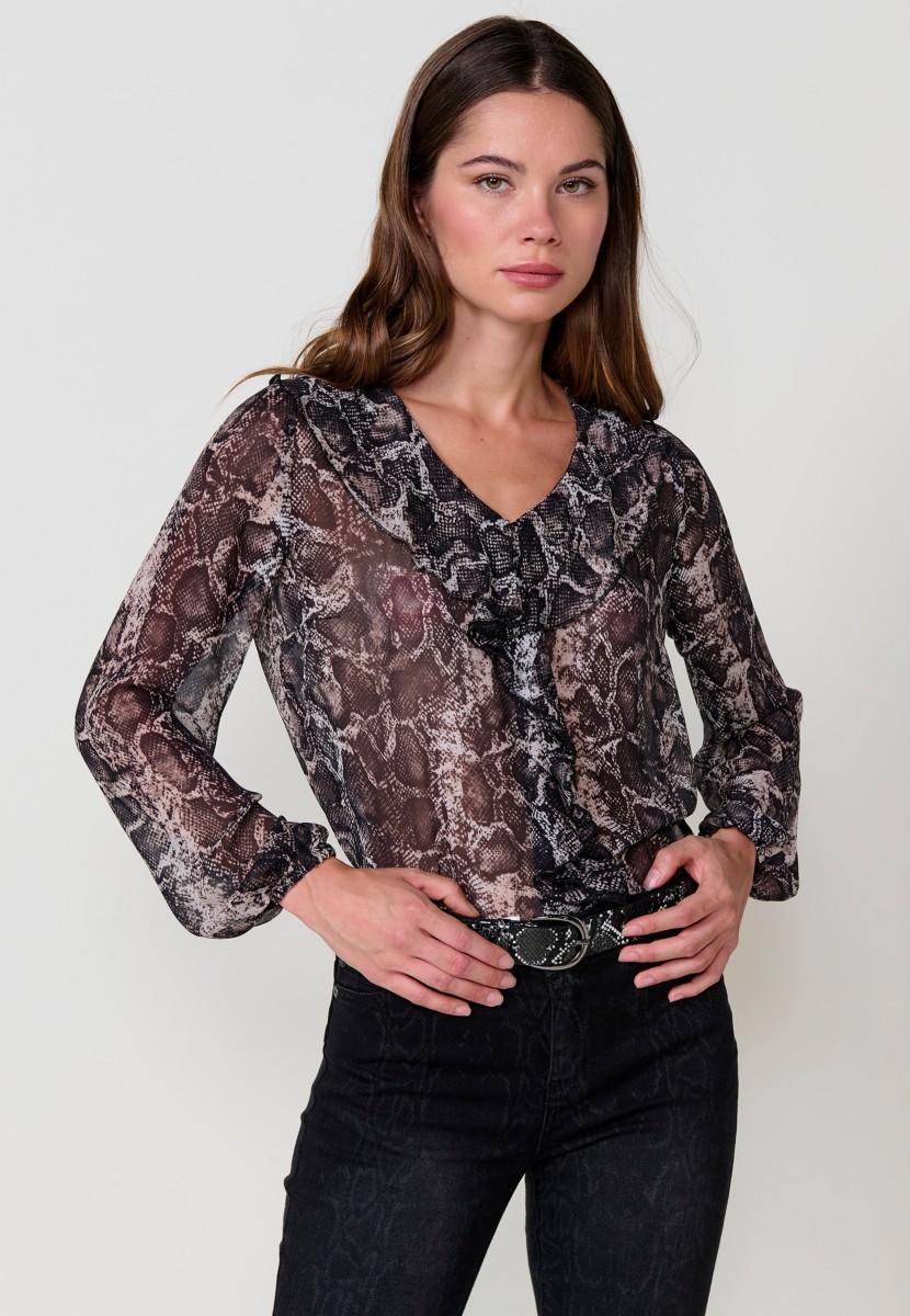 Women’s sheer chiffon blouse with animal print, V-neckline with ruffle and long sleeves with ruffled cuffs.