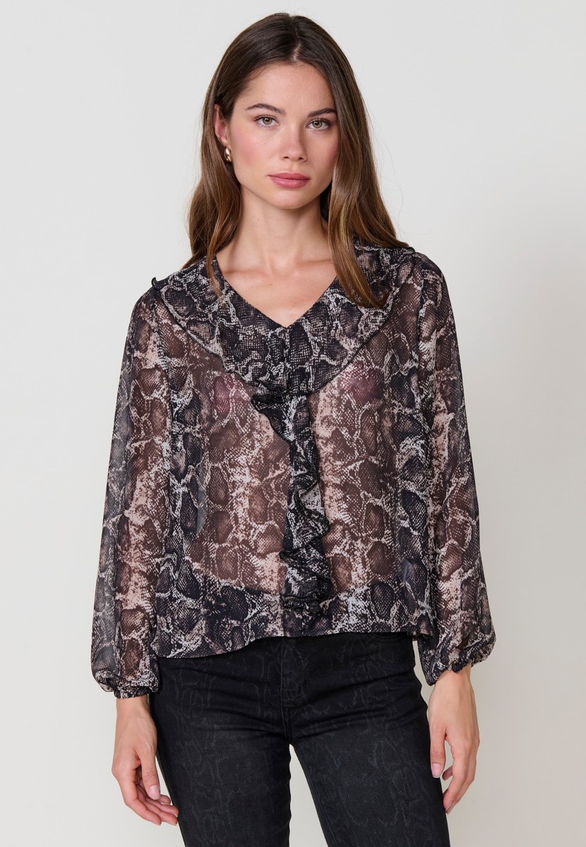 Women’s sheer chiffon blouse with animal print, V-neckline with ruffle and long sleeves with ruffled cuffs.