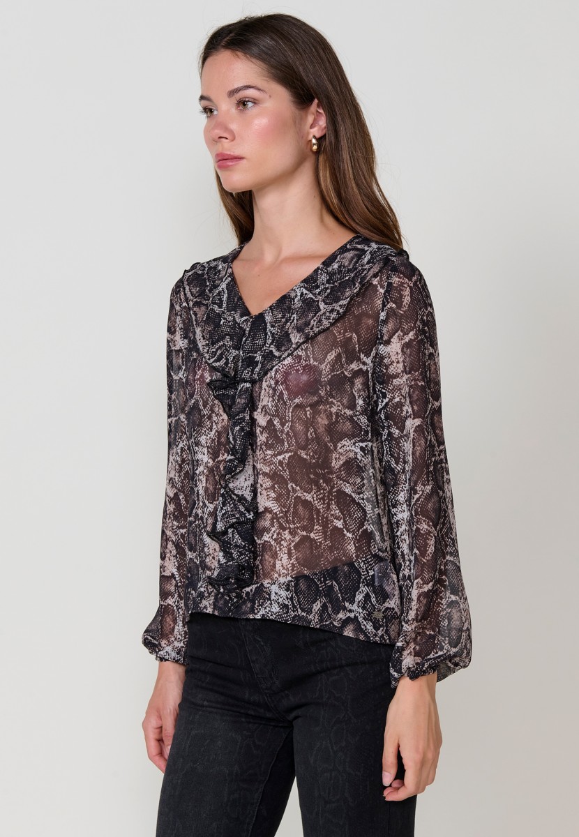 Women’s sheer chiffon blouse with animal print, V-neckline with ruffle and long sleeves with ruffled cuffs.