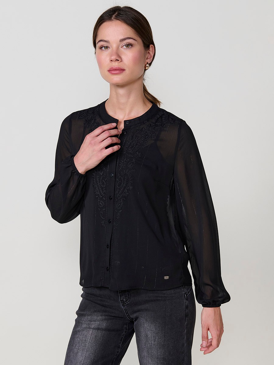 Women’s sheer chiffon blouse with metallic thread detail, paisley embroidery, mao collar and long sleeves.
