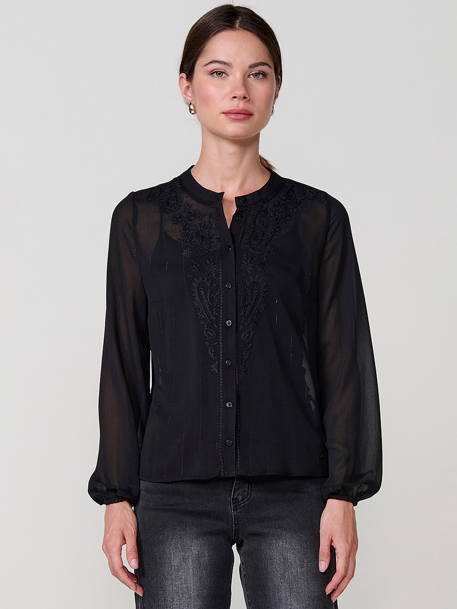 Women’s sheer chiffon blouse with metallic thread detail, paisley embroidery, mao collar and long sleeves.