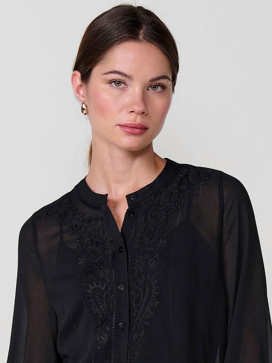Women’s sheer chiffon blouse with metallic thread detail, paisley embroidery, mao collar and long sleeves.