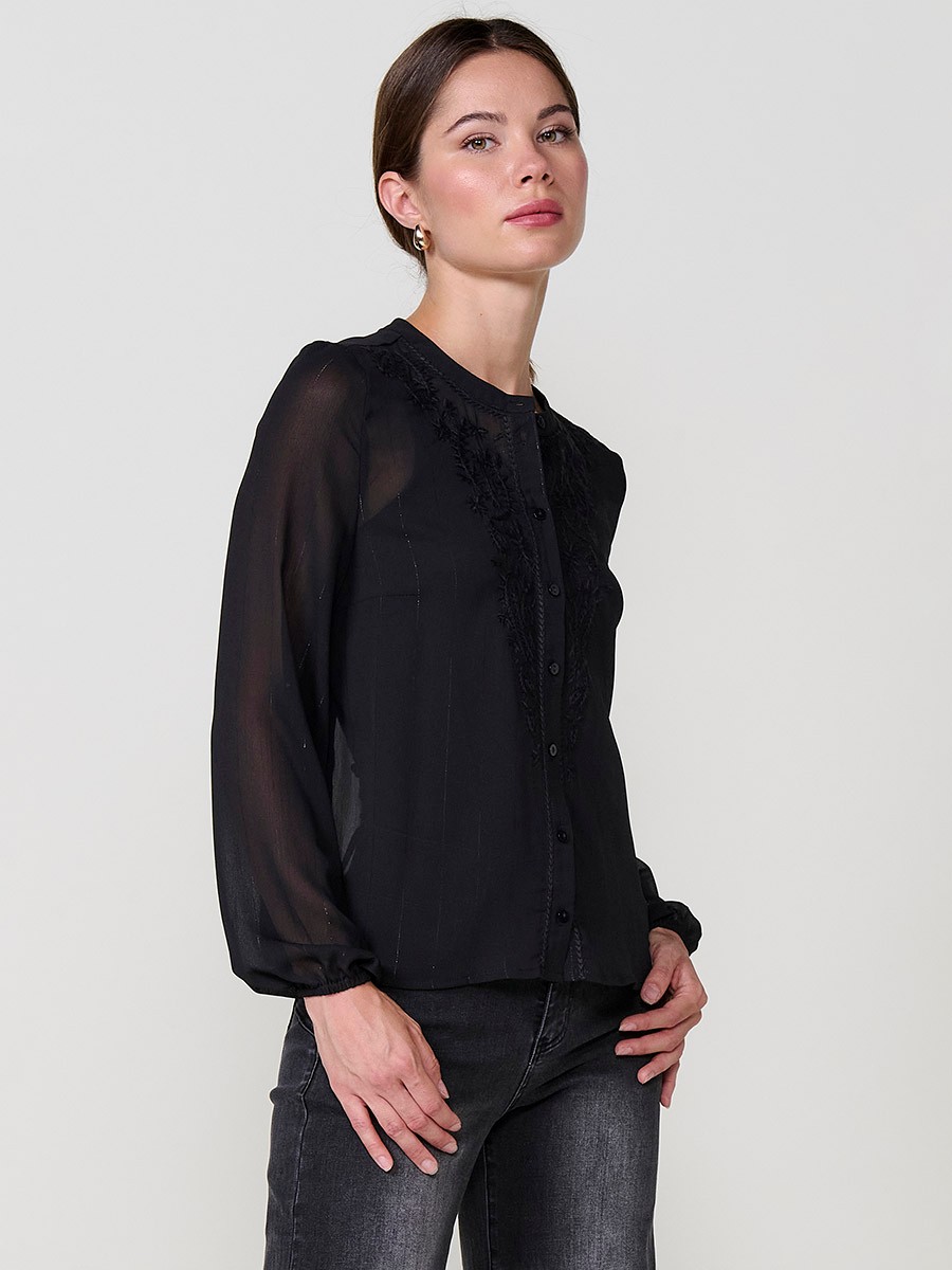 Women’s sheer chiffon blouse with metallic thread detail, paisley embroidery, mao collar and long sleeves.
