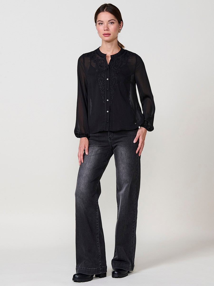 Women’s sheer chiffon blouse with metallic thread detail, paisley embroidery, mao collar and long sleeves.