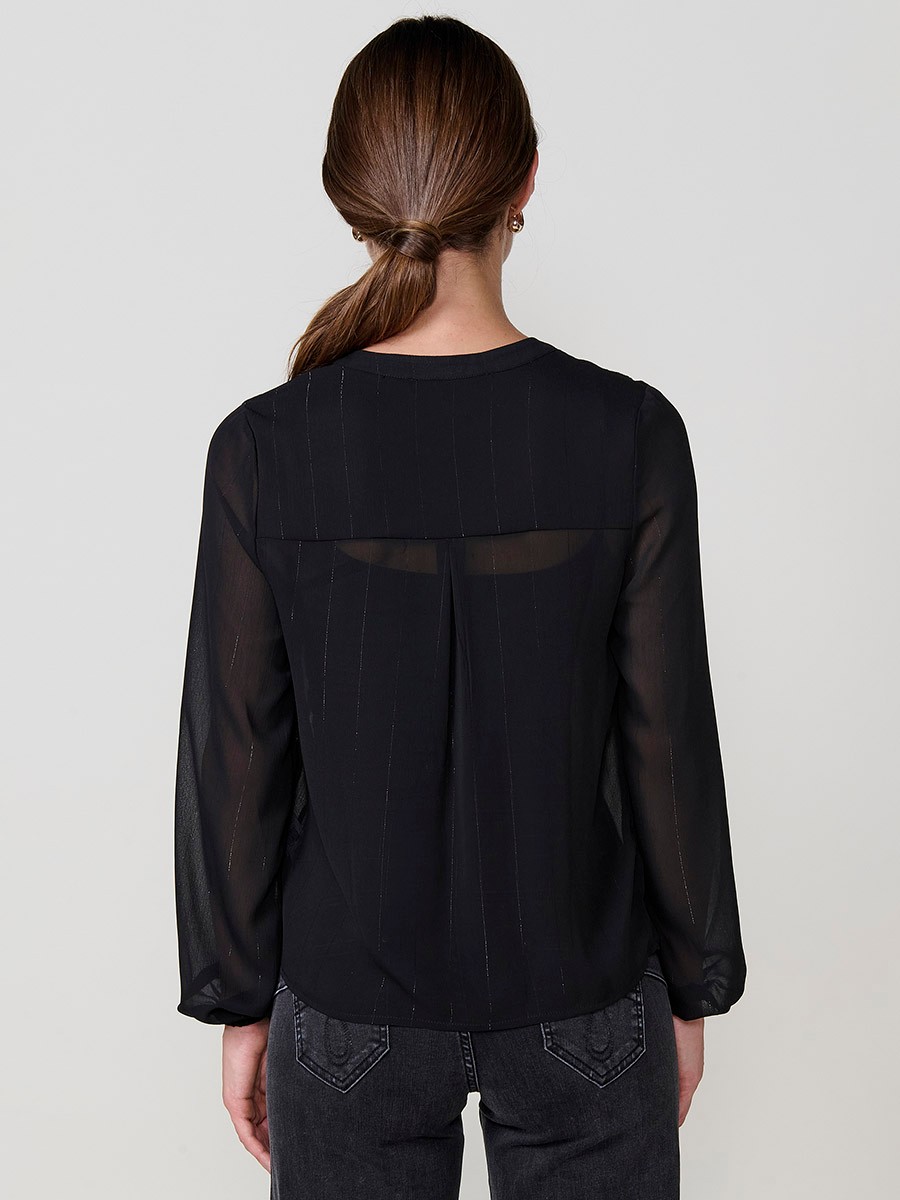 Women’s sheer chiffon blouse with metallic thread detail, paisley embroidery, mao collar and long sleeves.